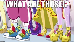 Size: 880x500 | Tagged: safe, screencap, lemon zest, rainbow dash, sci-twi, sour sweet, sunset shimmer, twilight sparkle, equestria girls, equestria girls specials, g4, my little pony equestria girls: dance magic, clothes, high heels, hip hop, image macro, legs, logo, meme, outfit, pictures of legs, platform shoes, rapper dash, shoes, sneakers, sneakers fetish, what are thoooose