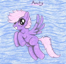 Size: 2255x2190 | Tagged: safe, artist:bio-iridescence, oc, oc only, oc:amity, pegasus, pony, art trade, female, flying, grin, high res, mare, smiling, solo, traditional art