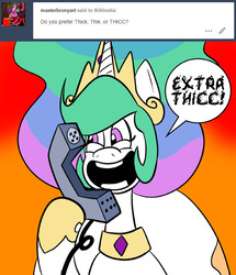 Size: 576x670 | Tagged: safe, artist:pembroke, princess celestia, alicorn, pony, g4, aku, bottom heavy, dialogue, extra thicc, female, mare, samurai jack, solo, thiklestia