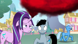 Size: 1024x576 | Tagged: safe, artist:egstudios93, starlight glimmer, trixie, oc, pegasus, pony, all bottled up, g4, anger magic, cinnamon nuts, food, magic, male, stallion, tired