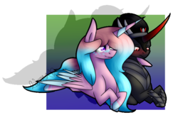 Size: 645x417 | Tagged: safe, artist:sweetmelon556, king sombra, oc, oc:cirrus cumulus, alicorn, pony, g4, canon x oc, female, mare, prone