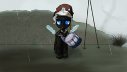 Size: 2870x1614 | Tagged: safe, artist:aaronmk, oc, oc only, oc:velvet remedy, pony, unicorn, fallout equestria, drums, fanfic, fanfic art, female, fife, fog, glowing horn, horn, magic, mare, musical instrument, phrygian cap, pike, rain, solo, telekinesis