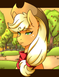 Size: 3500x4500 | Tagged: safe, artist:ciderpunk, applejack, earth pony, pony, g4, bandana, bust, clothes, female, frown, high res, solo, sweet apple acres