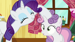 Size: 1280x720 | Tagged: safe, screencap, rarity, sweetie belle, pony, forever filly, g4, messy mane, noogie