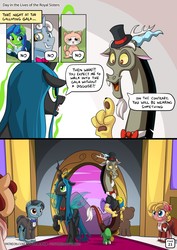 Size: 955x1351 | Tagged: safe, artist:mysticalpha, discord, queen chrysalis, cat, changeling, changeling queen, draconequus, earth pony, pony, unicorn, comic:day in the lives of the royal sisters, g4, bowtie, clothes, comic, crown, dialogue, dress, female, gala, gala dress, hat, jewelry, mare, monocle, regalia, shoes, speech bubble, suit, top hat
