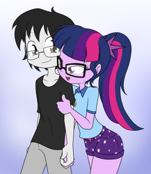 Size: 847x977 | Tagged: safe, artist:sandwich-anomaly, sci-twi, twilight sparkle, oc, equestria girls, g4, my little pony equestria girls: legend of everfree, camp everfree outfits, canon x oc, clothes, commission, duo, female, glasses, lidded eyes, male, open mouth, pants, shirt, shorts, smiling, straight
