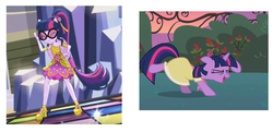 Size: 994x480 | Tagged: safe, screencap, sci-twi, twilight sparkle, unicorn, equestria girls, equestria girls specials, g4, my little pony equestria girls: dance magic, sweet and elite, birthday dress, clothes, do the sparkle, dress, floppy ears, ponied up, sci-twilicorn, twolight, unicorn twilight