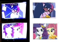 Size: 812x580 | Tagged: safe, rarity, sci-twi, sour sweet, twilight sparkle, equestria girls, equestria girls specials, g4, my little pony equestria girls: dance magic, comparison, female, glasses, one eye closed, ponied up, sci-twilicorn, wink