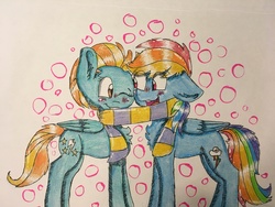 Size: 4032x3024 | Tagged: safe, artist:colorsoulmlp, lightning dust, rainbow dash, pony, g4, blushing, clothes, duo, female, high res, lesbian, scarf, shared clothing, shared scarf, ship:rainbowdust, shipping, smiling, traditional art