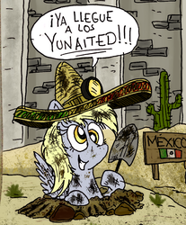 Size: 721x869 | Tagged: safe, artist:joshytoons, derpy hooves, pegasus, pony, g4, cactus, cropped, digging, dirty, female, immigration, mare, mexico, shovel, solo, sombrero, spanish, translated in the description, tunnel, wall