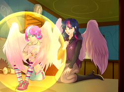 Size: 2464x1836 | Tagged: safe, artist:mirtalimeburst, princess flurry heart, twilight sparkle, alicorn, human, a flurry of emotions, g4, boots, bracelet, clock, clothes, crying, female, force field, high heel boots, humanized, jewelry, magic bubble, necktie, older, older flurry heart, sad, scene interpretation, shoes, shorts, socks, striped socks, twilight sparkle (alicorn), winged humanization, wings