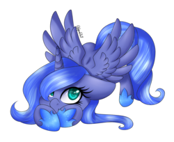 Size: 3160x2580 | Tagged: safe, artist:angelic-shield, artist:minelvi, princess luna, pony, g4, collaboration, female, filly, floppy ears, high res, s1 luna, simple background, smiling, solo, spread wings, transparent background, wings, woona, younger