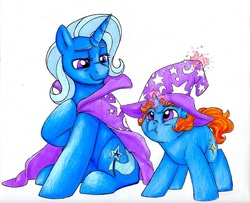 Size: 2018x1641 | Tagged: safe, artist:pitterpaint, trixie, oc, pony, unicorn, g4, female, mare, mother's day, offspring, parent:flam, parent:trixie, parents:flamtrix, traditional art