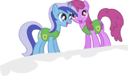 Size: 2906x1733 | Tagged: safe, artist:greseres, berry punch, berryshine, minuette, earth pony, pony, unicorn, g4, my little pony: friendship is magic, winter wrap up, background pony, duo, female, mare, plant team, ponies standing next to each other, simple background, snow, transparent background, vector, winter wrap up vest