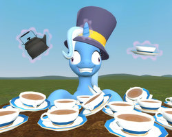 Size: 1280x1024 | Tagged: safe, artist:meltingman234, trixie, pony, unicorn, g4, 3d, cup, female, mad hatter, magic, mare, solo, teacup, teapot, that pony sure does love teacups