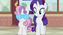 Size: 1280x720 | Tagged: safe, screencap, rarity, sweetie belle, pony, forever filly, g4, blindfold