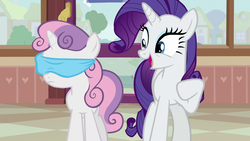 Size: 1280x720 | Tagged: safe, screencap, rarity, sweetie belle, pony, forever filly, g4, blindfold