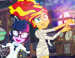 Size: 1000x773 | Tagged: safe, artist:pixelkitties, sci-twi, sunset shimmer, twilight sparkle, equestria girls, g4, bandage, book, bride of frankenstein, clothes, crossover, cute, duo, female, full moon, glasses, gloves, lab coat, laboratory, laughing, lipstick, monster, moon, potion, smiling, stitch