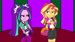 Size: 1191x670 | Tagged: safe, artist:ktd1993, aria blaze, sunset shimmer, equestria girls, g4, bag, camp everfree outfits, clothes, female, jewelry, lesbian, looking at each other, pendant, shipping, shorts, sisters, smiling, sun, sunblaze