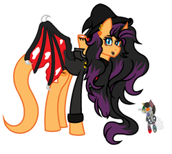 Size: 1084x966 | Tagged: safe, artist:calibykitty, oc, oc only, oc:moore-bid, oc:stiches, alicorn, bat pony, bat pony alicorn, demon, demon pony, pony, 2spooky, alicorn oc, button, clothes, coat, curved horn, ear piercing, earring, eyebrow piercing, hat, headless, horn, jewelry, lip piercing, looking at you, markings, modular, piercing, pumpkin, ragdoll, simple background, spoopy, tattered wings, toy, white background, witch hat, zipper