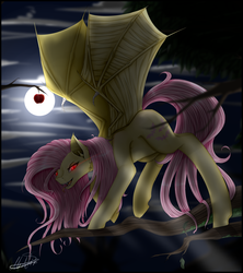 Size: 2634x2968 | Tagged: safe, artist:midfire, fluttershy, bat pony, pony, g4, apple, cloud, female, flutterbat, food, full moon, glowing eyes, high res, looking at you, mare, moon, night, open mouth, race swap, red eyes, slit pupils, smiling, solo