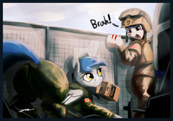 Size: 1024x717 | Tagged: safe, artist:gasmaskfox, oc, oc only, pegasus, pony, american flag, armor, butt, cadpat, canada, canadian flag, clothes, commission, dialogue, female, grin, helmet, mare, military, military uniform, mouth hold, mre, plot, seriously, smiling, soldier, soylent green, trench, uniform, united states, watermark