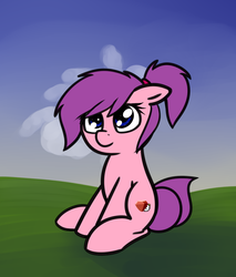 Size: 761x893 | Tagged: safe, artist:neuro, oc, oc only, oc:late ruby, earth pony, pony, cute, female, floppy ears, mare, ponytail, sitting, solo