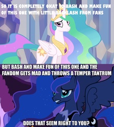 Size: 1920x2144 | Tagged: safe, edit, edited screencap, editor:equestrianscholar, screencap, princess celestia, princess luna, alicorn, pony, g4, discussion in the comments, duckery in the comments, female, image macro, mare, meme, op has a point, sad
