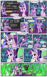Size: 1477x2401 | Tagged: safe, artist:supersheep64, spike, starlight glimmer, twilight sparkle, alicorn, dragon, pony, unicorn, g4, book, chalkboard, comic, dialogue, female, fire, glowing horn, horn, magic, mare, speech bubble, twilight sparkle (alicorn), twilight's castle