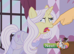 Size: 1264x926 | Tagged: safe, edit, edited screencap, screencap, lily lace, pony, unicorn, g4, honest apple, boop, boop edit, carousel boutique, clothes, derp, dress, faic, finger, hand, see-through