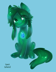 Size: 2574x3300 | Tagged: safe, artist:tawni-tailwind, oc, oc only, oc:lime sapphire, goo, goo pony, original species, blue background, colored pupils, freckles, gem, happy, high res, huggable, lime, looking at you, sapphire, simple background, sitting, solo
