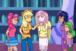 Size: 1920x1280 | Tagged: safe, artist:saturnstar14, applejack, fluttershy, pinkie pie, spike, twilight sparkle, human, g4, scare master, clothes, costume, humanized, scene interpretation, sweater, sweatershy, twilight sparkle (alicorn), winged humanization, wings