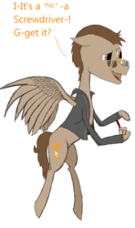 Size: 985x1660 | Tagged: safe, artist:the claud, derpibooru exclusive, oc, oc only, oc:toffee scotch, pegasus, pony, accessory, alcohol, bad joke, bad pun, clothes, drunk, glasses, jacket, pun, request, screwdriver, simple background, solo, sunglasses, transparent background