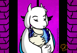 Size: 1000x700 | Tagged: safe, artist:xxtwilightlightxx, oc, oc:treforce, pony, crossover, duo, hug, toriel, undertale