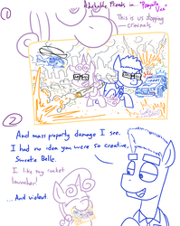 Size: 1280x1611 | Tagged: safe, artist:adorkabletwilightandfriends, sweetie belle, oc, oc:officer connor, earth pony, pony, unicorn, comic:adorkable twilight and friends, g4, adorkable friends, car, comic, crayon drawing, explosion, helicopter, lineart, violence