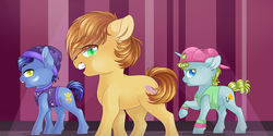 Size: 4251x2125 | Tagged: safe, artist:schokocream, feather bangs, glamor trot, smooth vibes, earth pony, pony, unicorn, g4, hard to say anything, backup dancers, beautiful, blue eyes, clothes, dancing, eyes open, fight, green eyes, hat, high res, love, male, open mouth, shirt, singing, song, sweater, t-shirt, yellow eyes