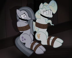 Size: 1024x819 | Tagged: safe, artist:radiantrealm, marble pie, vapor trail, earth pony, pegasus, pony, g4, ballgag, bondage, crying, duo, female, gag, hair over one eye, kidnapped, mare, rope, rope bondage, scared, show accurate, tied up