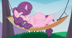 Size: 1280x693 | Tagged: safe, artist:xniclord789x, sugar belle, pony, g4, hard to say anything, ^^, belly, big belly, cute, eyes closed, female, hammock, heartwarming in hindsight, implied big macintosh, pregnant, sleeping, solo, sugarbetes, tree