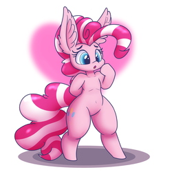 Size: 1500x1500 | Tagged: safe, artist:heir-of-rick, pinkie pie, earth pony, pony, semi-anthro, g4, big ears, bipedal, candy, candy cane, cute, diapinkes, female, food, heart, impossibly large ears, mare, solo, striped mane