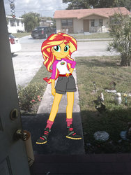 Size: 774x1032 | Tagged: safe, sunset shimmer, equestria girls, g4, boots, camp everfree outfits, car, clothes, door, equestria girls in real life, hand on butt, irl, photo, shorts, socks, solo, sun