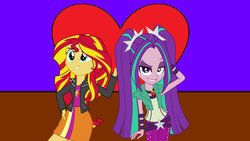 Size: 1191x670 | Tagged: safe, artist:ktd1993, aria blaze, sunset shimmer, equestria girls, g4, female, heart, lesbian, shipping, sunblaze