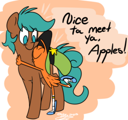 Size: 595x560 | Tagged: safe, artist:espeonna, oc, oc only, oc:apples, pony, crossover, friendshipping, happy, hug, smiling, wander (wander over yonder), wander over yonder