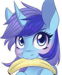 Size: 1400x1700 | Tagged: artist needed, safe, oc, oc only, oc:spacelight, pony, unicorn, banana, drool, female, food, mare, mouth hold, not minuette, simple background, solo, white background