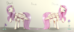 Size: 1024x446 | Tagged: safe, artist:sisitowe, fluttershy, pony, g4, emotional spectrum, female, flower, looking at something, looking down, profile, raised hoof, sad, smiling, solo, split screen