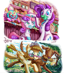 Size: 740x843 | Tagged: safe, artist:jowyb, rarity, ripley, sweetie belle, zippoorwhill, pony, forever filly, g4, clown sundae, clown surprise, food, ice cream, messy, messy eating, mouth hold, stick