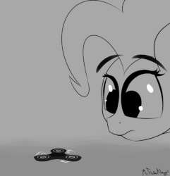 Size: 620x644 | Tagged: safe, artist:a8f12, pinkie pie, earth pony, pony, g4, animated, curious, eye shimmer, female, fidget spinner, gif, grayscale, intrigued, monochrome, solo, surprised