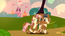 Size: 3500x1982 | Tagged: safe, artist:meandmyideas, rumble, sweetie belle, pony, g4, colt, evening, female, filly, male, noodle incident, park, ship:rumbelle, shipping, smiling, straight, sunset, vector, walking