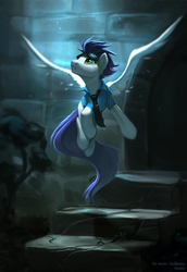 Size: 1297x1883 | Tagged: safe, artist:imalou, soarin', pegasus, pony, g4, clothes, crying, flying, goggles, in memoriam, looking up, male, memorial, necktie, sad, shirt, solo, spread wings, stallion, wings