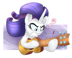 Size: 1230x1000 | Tagged: safe, artist:joakaha, rarity, pony, unicorn, g4, honest apple, acoustic guitar, angry, female, gritted teeth, guitar, guitarity, mare, musical instrument, signature, simple background, solo