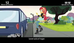 Size: 1024x600 | Tagged: safe, screencap, sunset shimmer, cinemare sins, equestria girls, g4, my little pony equestria girls: friendship games, boots, car, clothes, everything wrong with friendship games, female, fence, high heel boots, jacket, leather jacket, meme, raised leg, sidewalk, solo, streetlight, text, tree